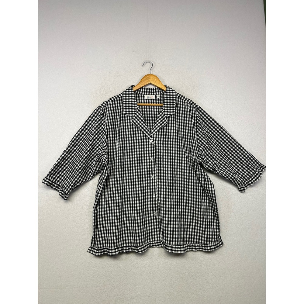 Cottagecore Denim & Co Women 2X Black Gingham Ruffle Hem 3/4 Sleeve Button Up
